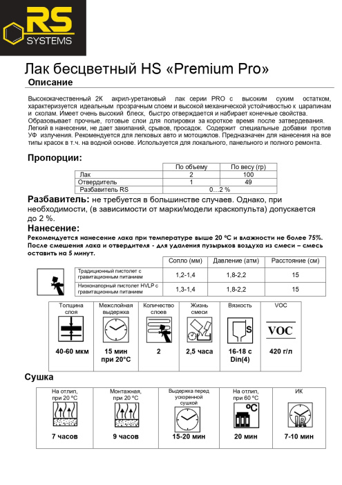 Лак RS HS "Premium" PRO 1л+0.5 отв  , RS RSHSPRO15
