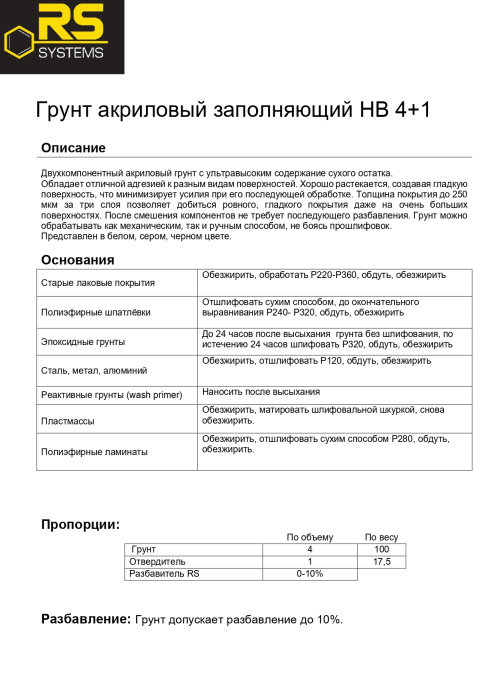 Грунт наполнитель RS HIGH BILD 4+1 0,8+0.2 черный, RS RSHB/B