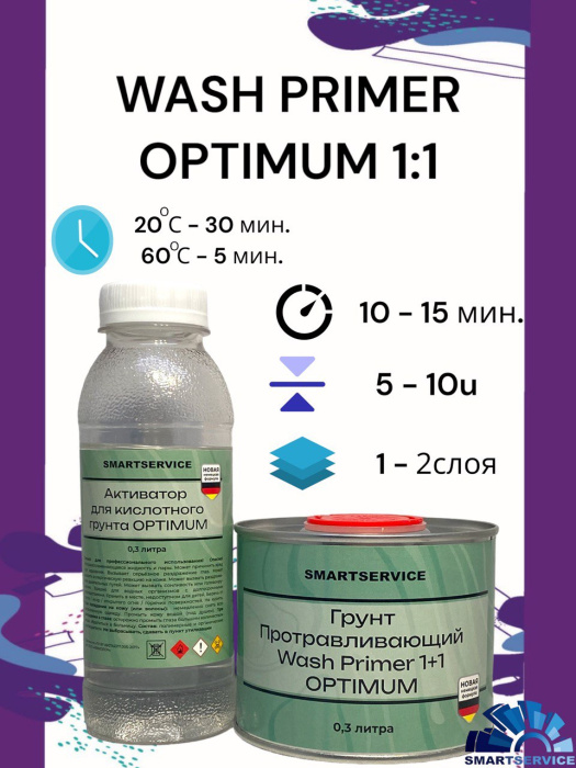 Грунт Протравливающий Wash Primer 1+1 OPTIMUM 0,3 л + Отвердитель 0,3 л, SMARTSERVICE 460.0900